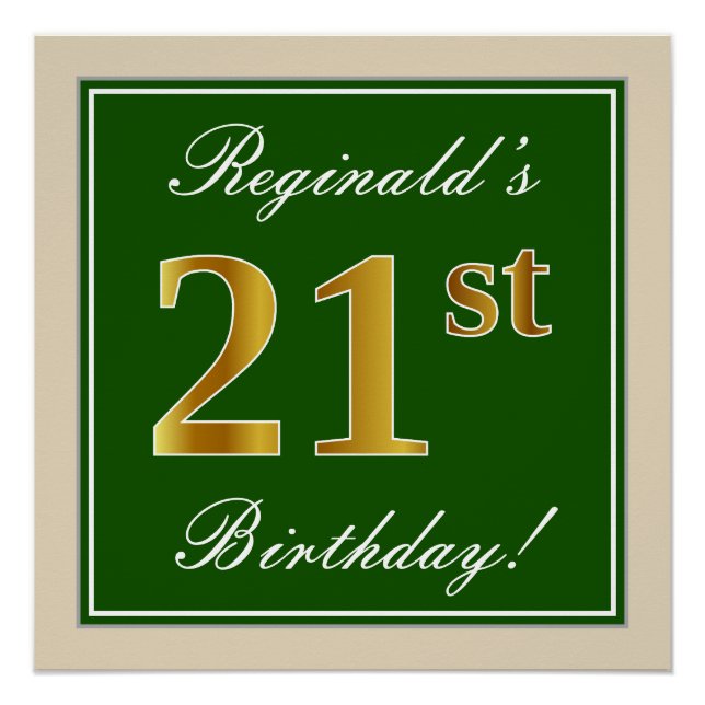 Poster Elégant, Vert, Faux Or 21ème Anniversaire + Nom (Devant)