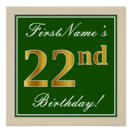 Poster Élégant, Vert, Faux Or 22ème anniversaire + Nom