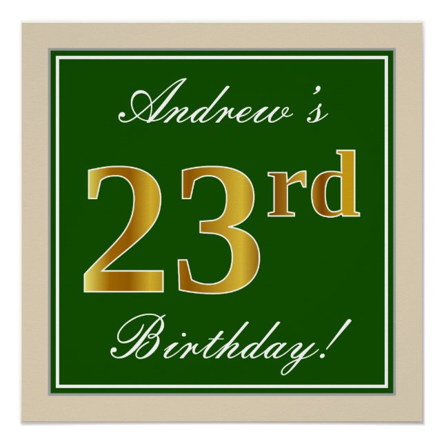 Poster Elégant, Vert, Faux Or 23ème anniversaire + Nom (Devant)