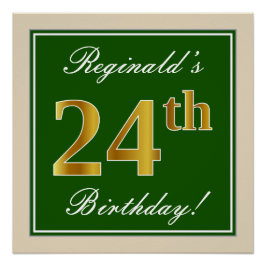 Poster Elégant, Vert, Faux Or 24ème Anniversaire + Nom