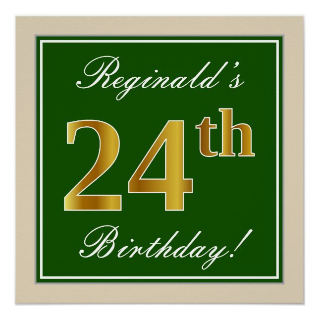 Poster Elégant, Vert, Faux Or 24ème Anniversaire + Nom (Devant)