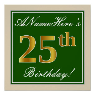 Poster Elégant, Vert, Faux Or 25ème Anniversaire + Nom