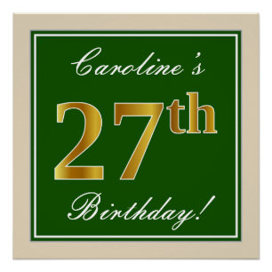 Poster Elégant, Vert, Faux Or 27ème Anniversaire + Nom