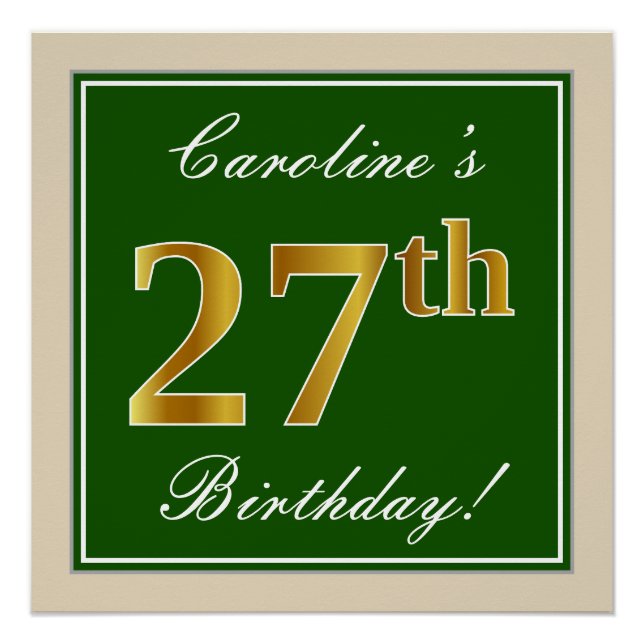 Poster Elégant, Vert, Faux Or 27ème Anniversaire + Nom (Devant)