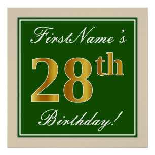 Poster Elégant, Vert, Faux Or 28ème anniversaire + Nom