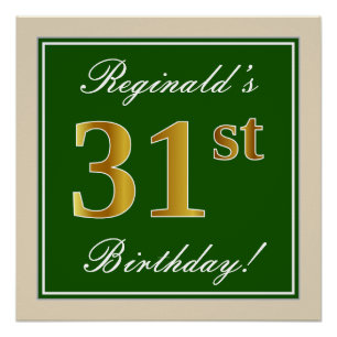 Poster Elégant, Vert, Faux Or 31ème Anniversaire + Nom