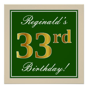 Poster Elégant, Vert, Faux Or 33ème anniversaire + Nom