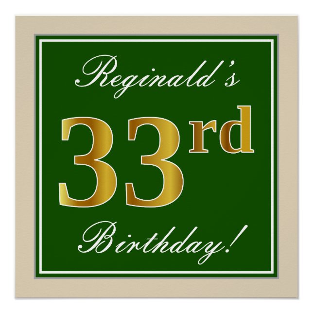 Poster Elégant, Vert, Faux Or 33ème anniversaire + Nom (Devant)