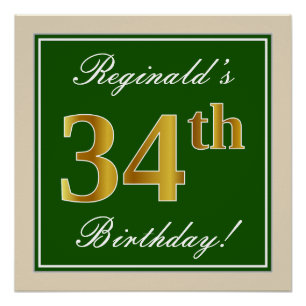 Poster Elégant, Vert, Faux Or 34ème Anniversaire + Nom