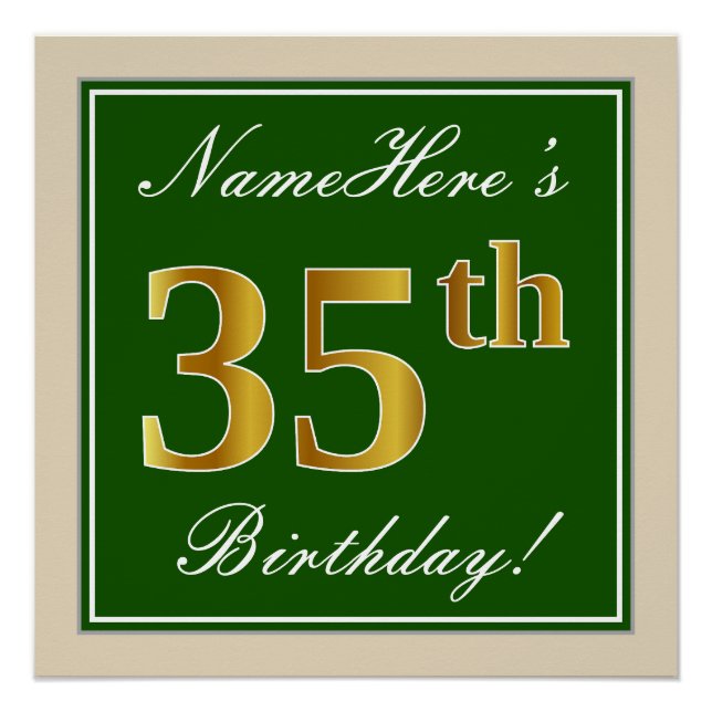 Poster Elégant, Vert, Faux Or 35ème anniversaire + Nom (Devant)
