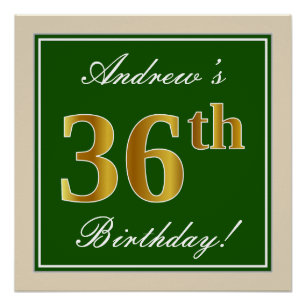 Poster Elégant, Vert, Faux Or 36ème anniversaire + Nom