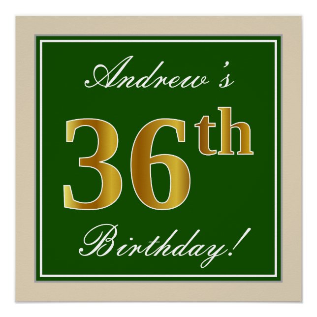 Poster Elégant, Vert, Faux Or 36ème anniversaire + Nom (Devant)