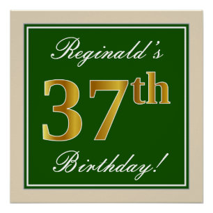 Poster Elégant, Vert, Faux Or 37ème Anniversaire + Nom