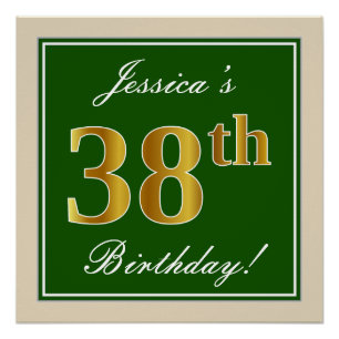 Poster Elégant, Vert, Faux Or 38ème Anniversaire + Nom