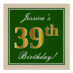 Poster Elégant, Vert, Faux Or 39ème Anniversaire + Nom