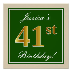 Poster Elégant, Vert, Faux Or 41ème Anniversaire + Nom
