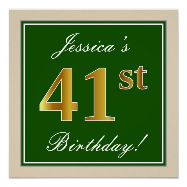 Poster Elégant, Vert, Faux Or 41ème Anniversaire + Nom (Devant)
