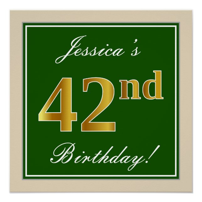 Poster Elégant, Vert, Faux Or 42ème Anniversaire + Nom (Devant)