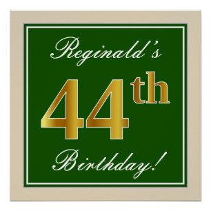 Poster Elégant, Vert, Faux Or 44ème Anniversaire + Nom