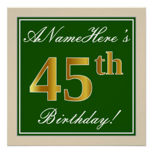 Poster Elégant, Vert, Faux Or 45ème Anniversaire + Nom