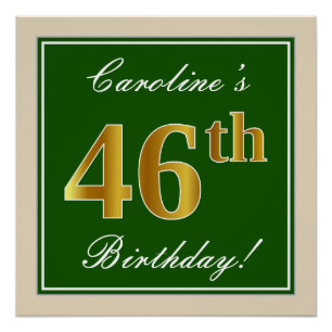 Poster Elégant, Vert, Faux Or 46ème Anniversaire + Nom
