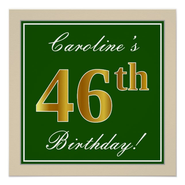 Poster Elégant, Vert, Faux Or 46ème Anniversaire + Nom (Devant)