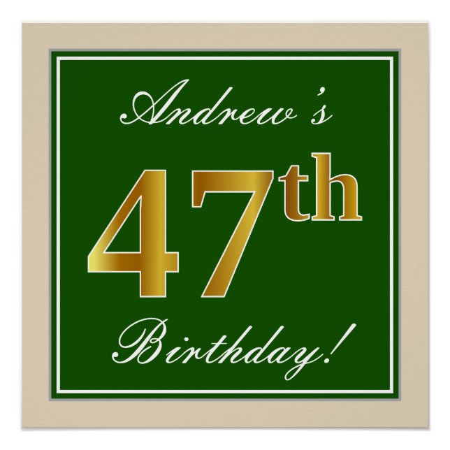 Poster Elégant, Vert, Faux Or 47ème Anniversaire + Nom (Devant)