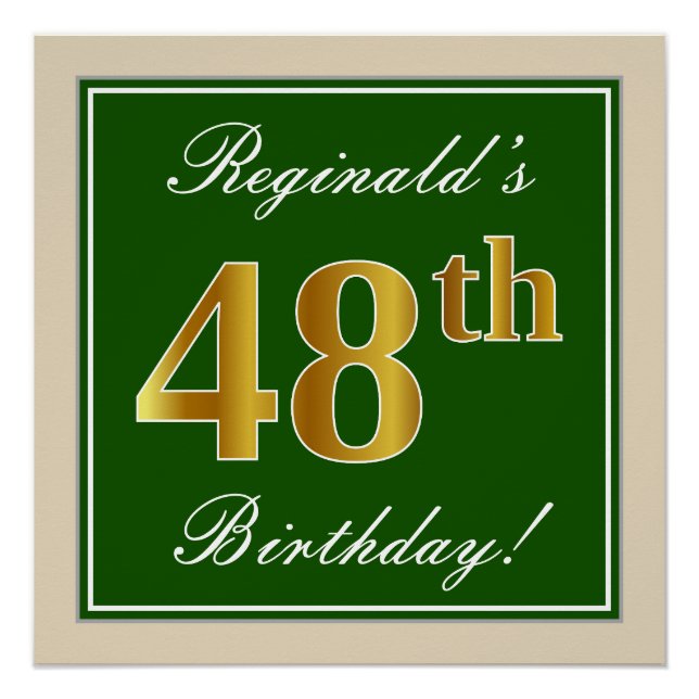 Poster Elégant, Vert, Faux Or 48ème Anniversaire + Nom (Devant)