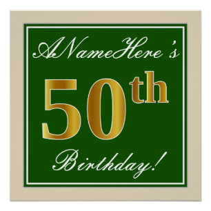 Poster Elégant, Vert, Faux Or 50ème Anniversaire + Nom