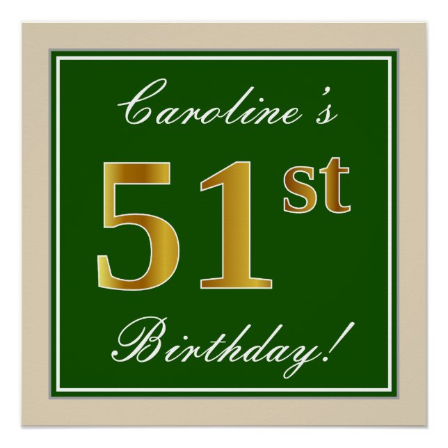 Poster Elégant, Vert, Faux Or 51ème Anniversaire + Nom (Devant)