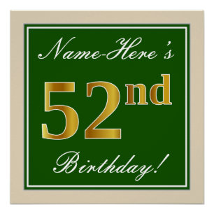 Poster Elégant, Vert, Faux Or 52ème Anniversaire + Nom