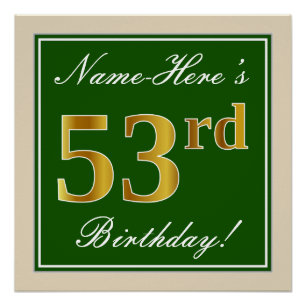 Poster Elégant, Vert, Faux Or 53ème anniversaire + Nom