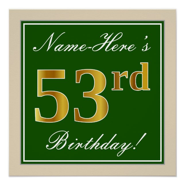 Poster Elégant, Vert, Faux Or 53ème anniversaire + Nom (Devant)