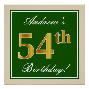 Poster Elégant, Vert, Faux Or 54ème Anniversaire + Nom