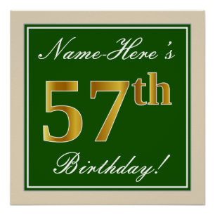 Poster Elégant, Vert, Faux Or 57ème Anniversaire + Nom
