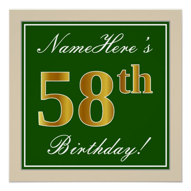 Poster Elégant, Vert, Faux Or 58ème anniversaire + Nom (Devant)