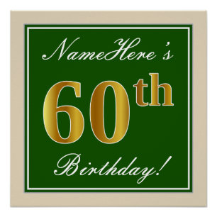 Poster Elégant, Vert, Faux Or 60ème Anniversaire + Nom