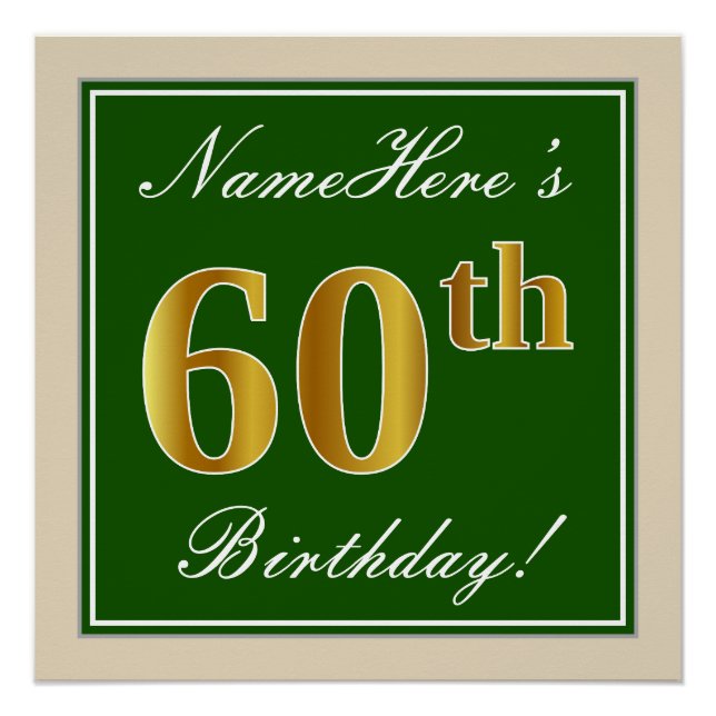 Poster Elégant, Vert, Faux Or 60ème Anniversaire + Nom (Devant)