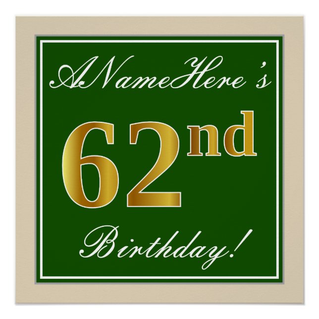 Poster Élégant, Vert, Faux Or 62ème anniversaire + Nom (Devant)