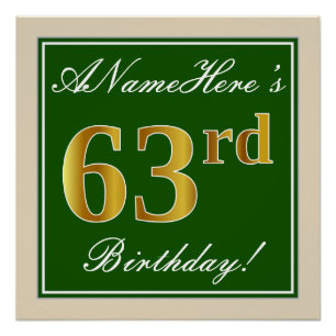 Poster Elégant, Vert, Faux Or 63ème anniversaire + Nom