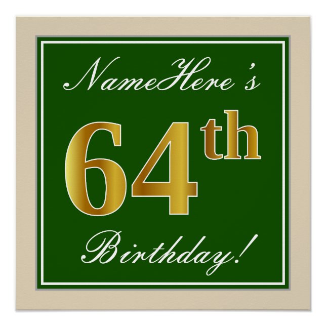 Poster Elégant, Vert, Faux Or 64ème anniversaire + Nom (Devant)