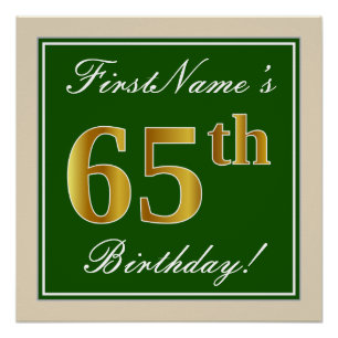Poster Elégant, Vert, Faux Or 65ème anniversaire + Nom