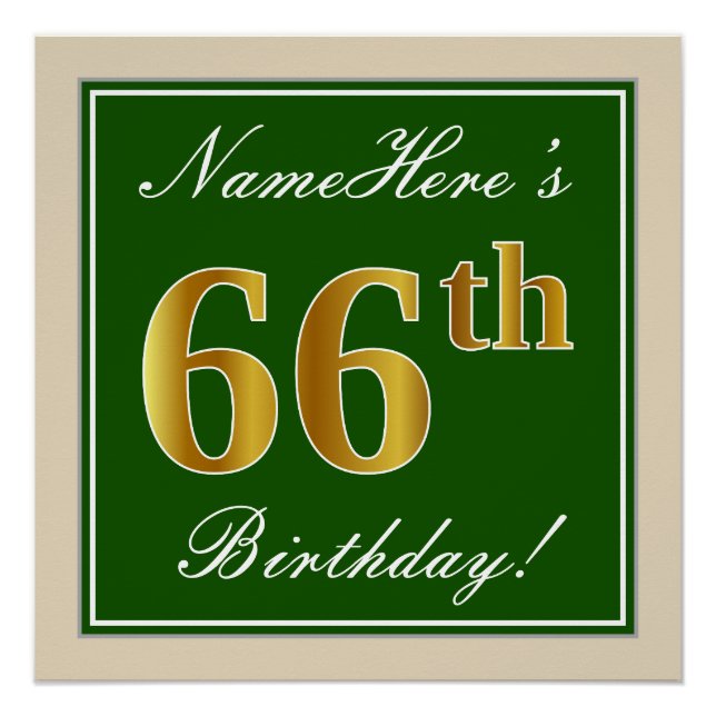 Poster Elégant, Vert, Faux Or 66ème anniversaire + Nom (Devant)