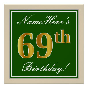 Poster Elégant, Vert, Faux Or 69ème Anniversaire + Nom
