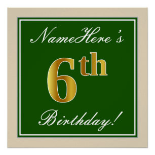 Poster Élégant, Vert, Faux Or 6ème anniversaire + Nom