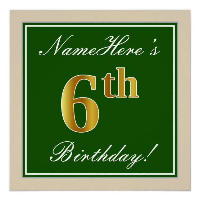 Poster Élégant, Vert, Faux Or 6ème anniversaire + Nom (Devant)