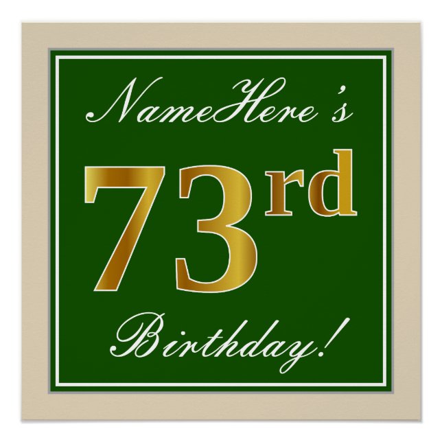 Poster Elégant, Vert, Faux Or 73ème anniversaire + Nom (Devant)