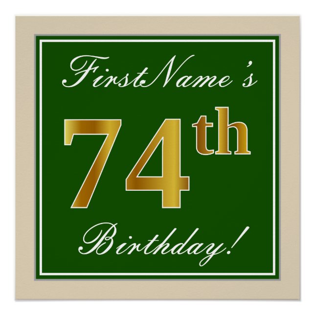 Poster Elégant, Vert, Faux Or 74ème Anniversaire + Nom (Devant)