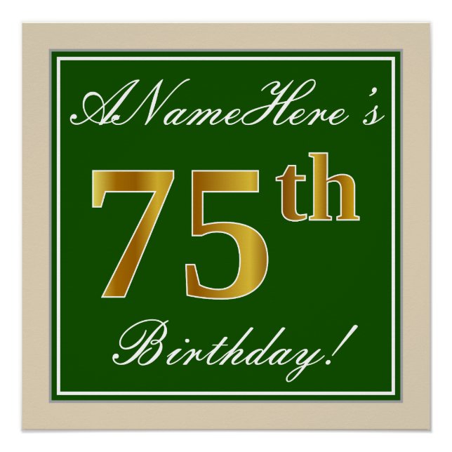 Poster Elégant, Vert, Faux Or 75ème Anniversaire + Nom (Devant)