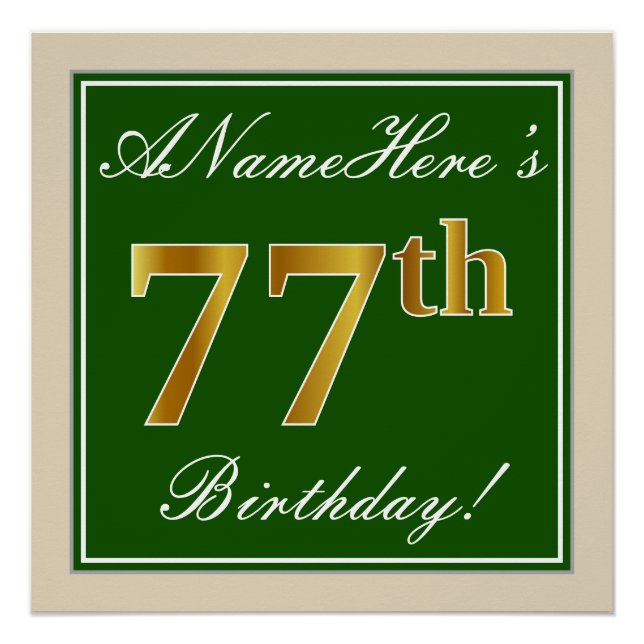 Poster Elégant, Vert, Faux Or 77ème Anniversaire + Nom (Devant)